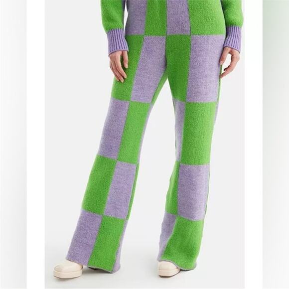 Nocturne Lime Green & Gray Check Wide Leg High Waisted Sweater Pants NEW - Picture 5 of 5